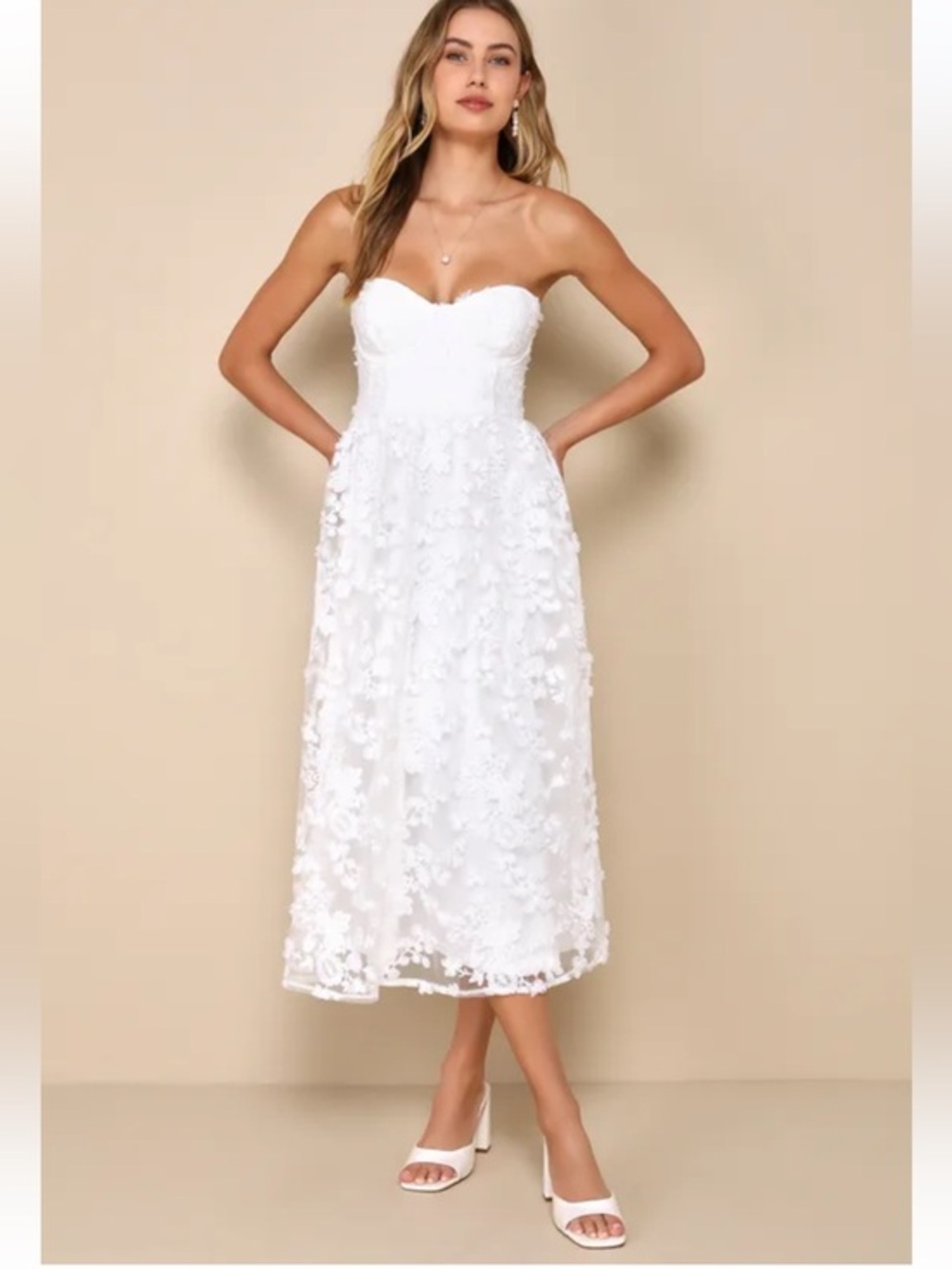 NWT Lulus Quite Perfect White Floral Embroidered Strapless Midi Dress